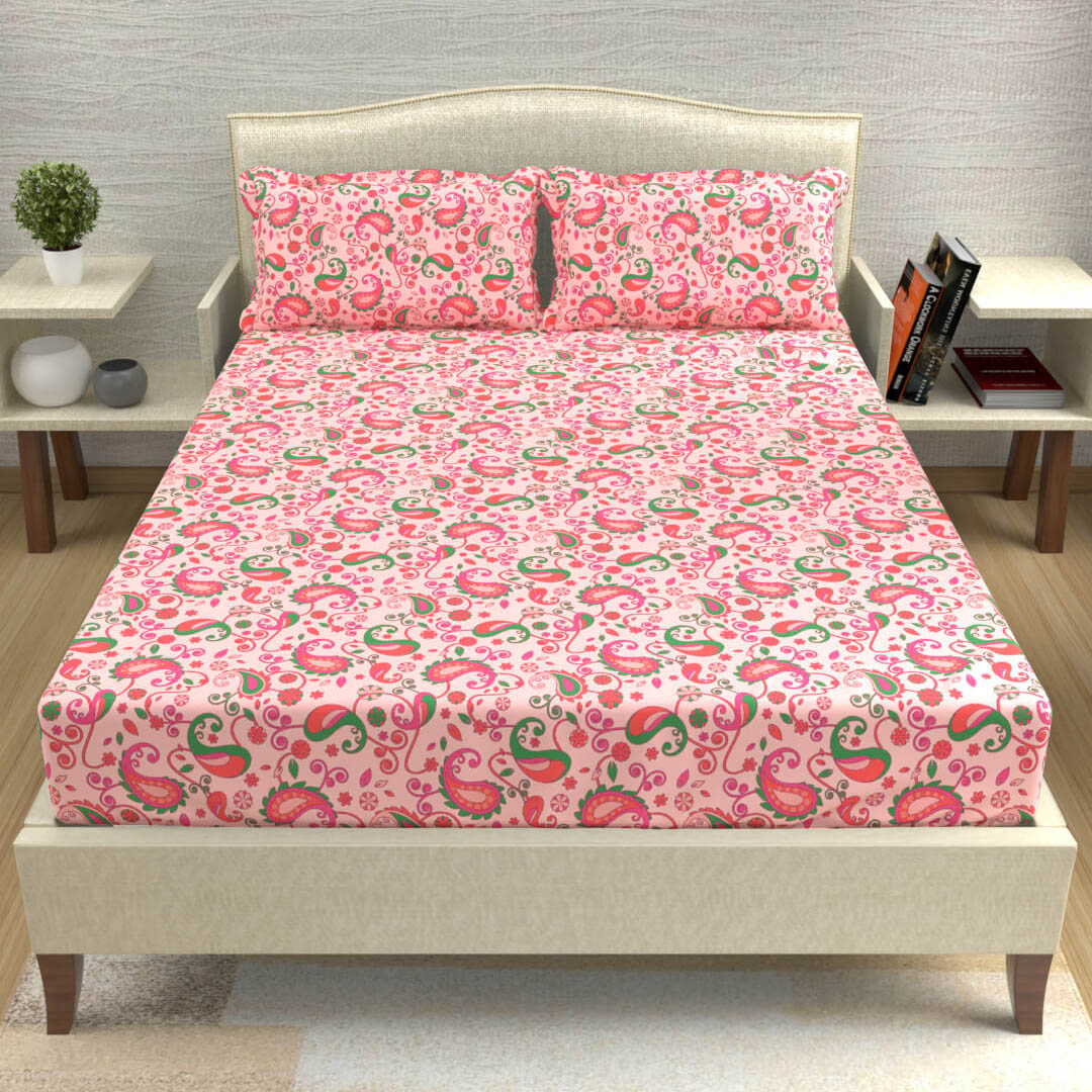 buy pink paisley mandala cotton double bed bedsheets online – front view